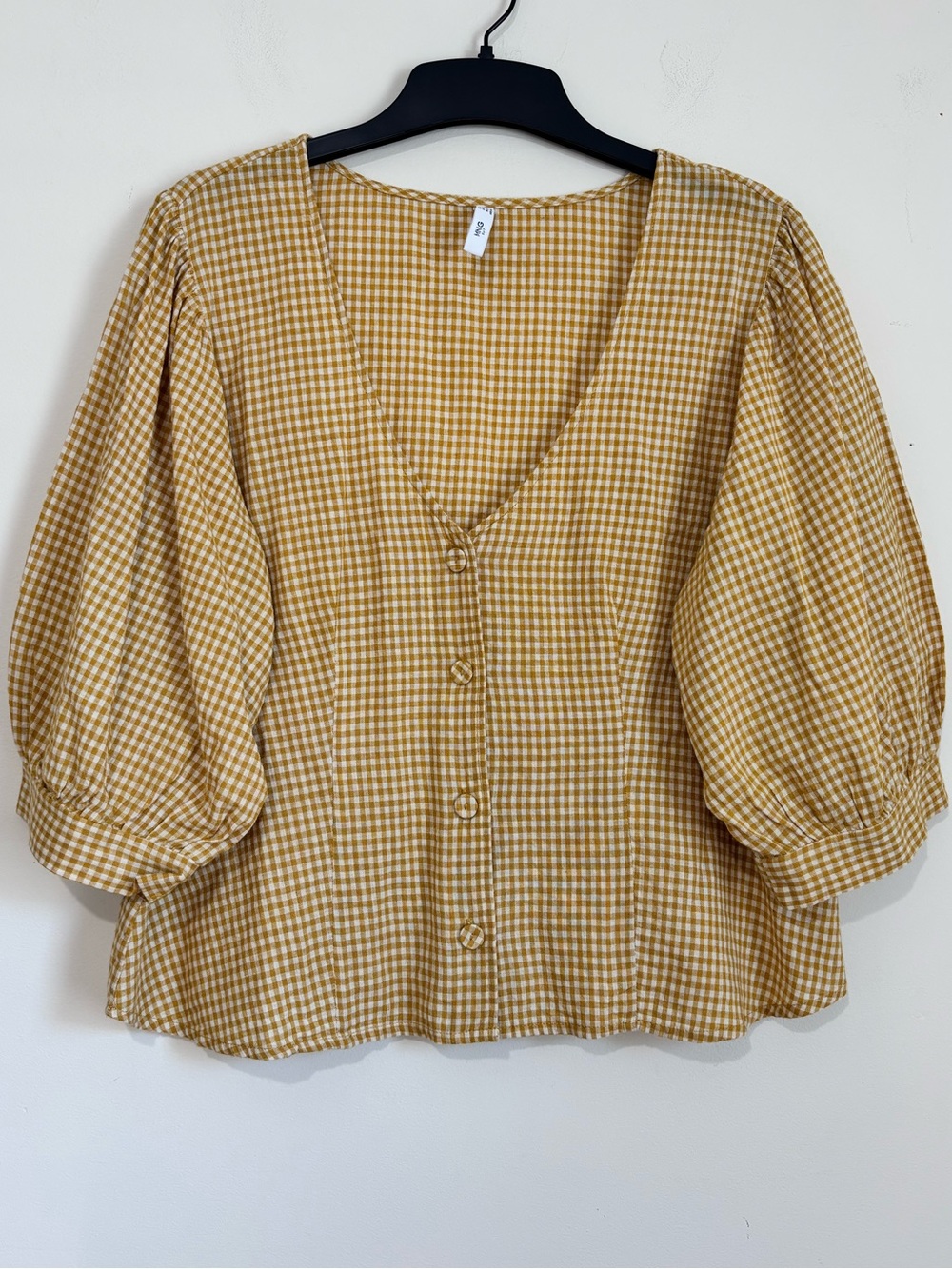 Mango lagenlook mustard gingham V-neck puff sleeve button up resort crop blouse - Picture 3 of 16